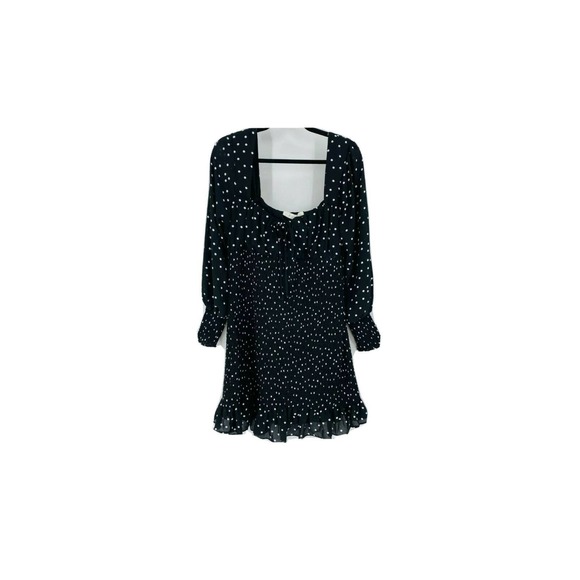 NWT Row A Womens Medium Black Polka Dot Long Sleeve Smocked Dress Cocktail W12 - Picture 2 of 5